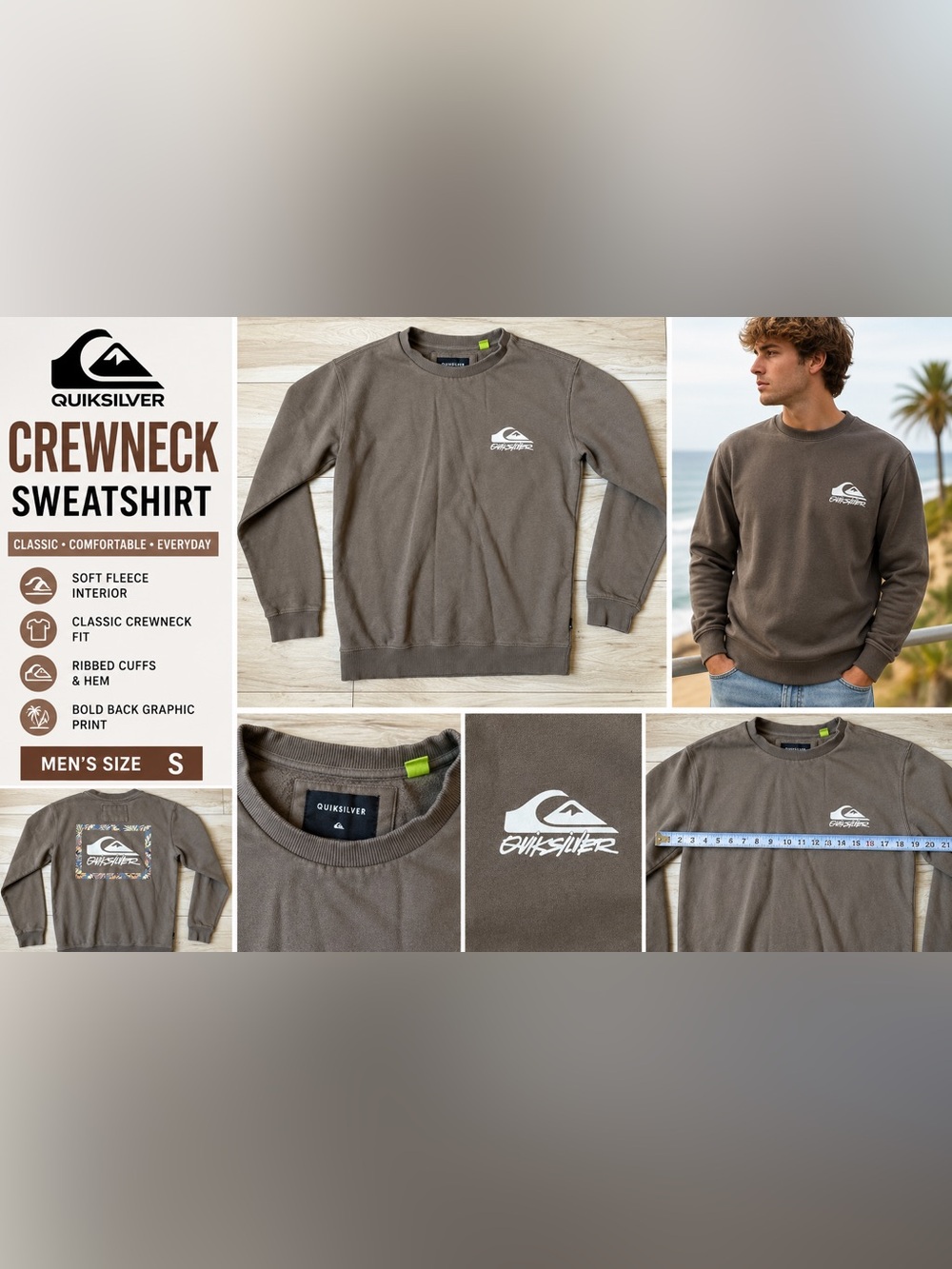 Quiksilver Brown Crewneck Sweatshirt Men’s Small Surf Skate Pullover Fleece